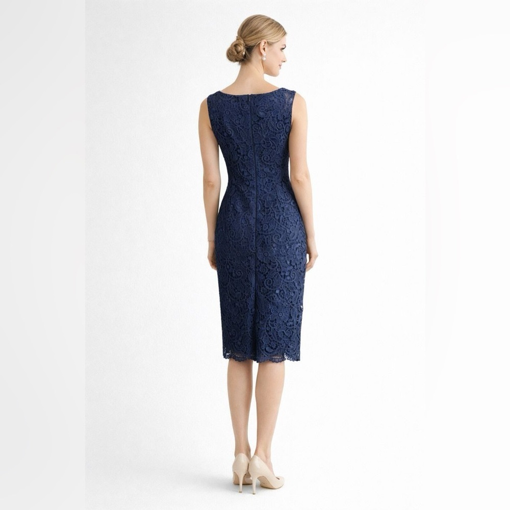 Lauren Ralph Lauren Navy Lace Floral Embroidered Wedding Sheath Dress Carer 4 - Picture 3 of 6